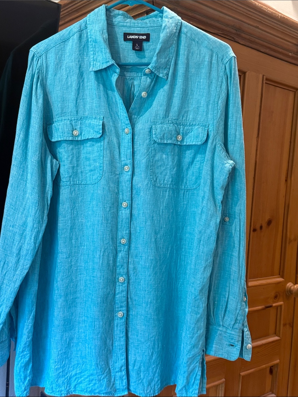 Lands' End 100% Linen Teal Shirt Womens L (14-16) Roll Tab Sleeve Button Up